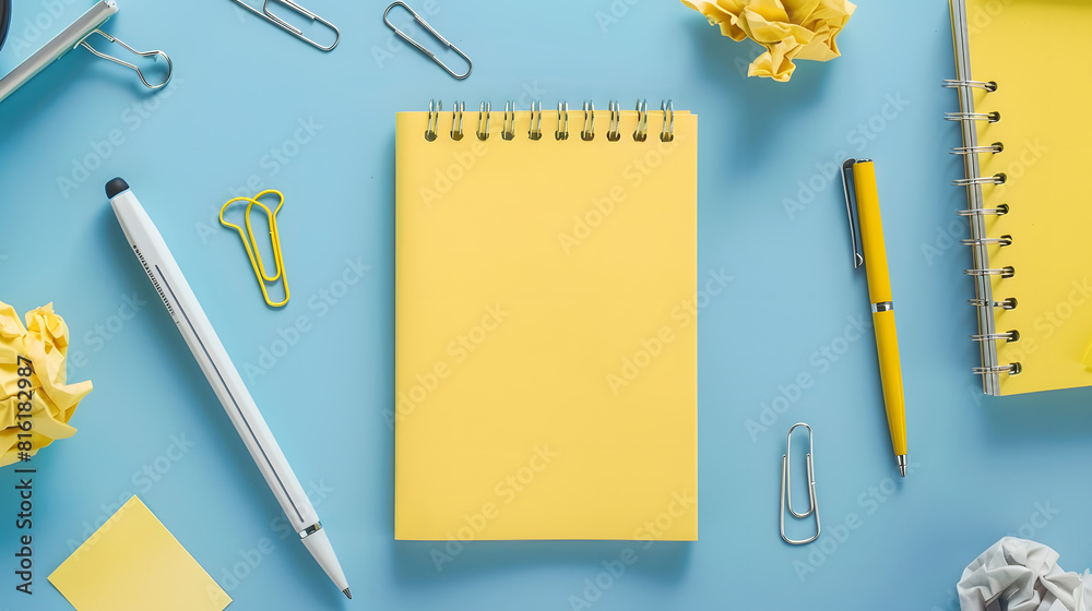 Poster Yellow blank sticky notes on top of empty notebook and isolated on blue background with other objects like pen paper clip binder clip crumpled paper Open notepad with office supplies : Generative AI