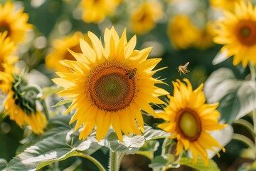Fototapeta premium A bee approaches a vibrant sunflower in a sunny, blooming field
