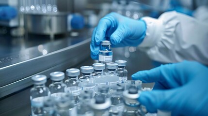 The critical process of vaccine production depicted through the careful handling of medicine vials