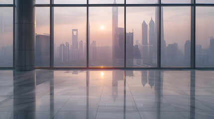 Empty floor and modern city skyline with building at sunrise in Hangzhou China : Generative AI