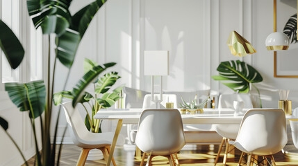 Stylish and eclectic dining room interior with mock up poster map sharing table design chairs gold...