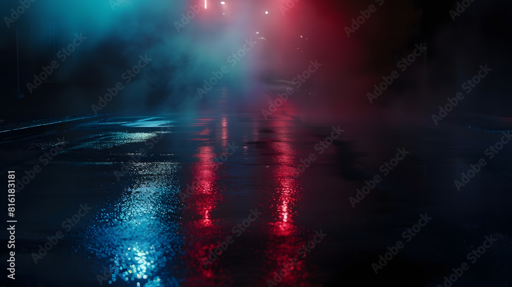 Poster dark street reflection on wet asphalt fog night city rays of neon light in the dark neon light smoke