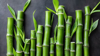 Obraz premium Black background featuring tightly packed green bamboo stalks with protruding green stems