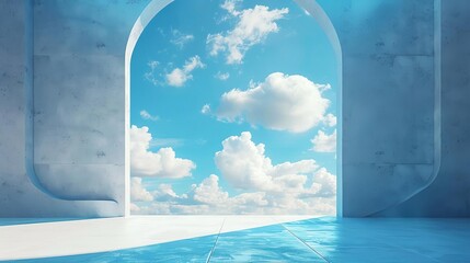 The image is a 3D rendering of a blue sky with white clouds seen through a concrete archway.