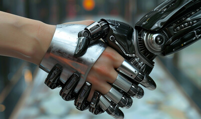 A close-up shot of a human and robotic hand shaking, with a shallow depth of field and a metallic sheen on the robotic hand, highlighting the contrast between natural and artificia