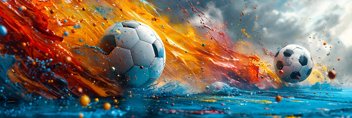 Dynamic Sports Balls in Chaotic Motion on Vibrant Background,
Soccer Ball Surrounded by Splashing Water
