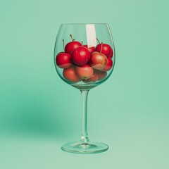 Big wine glass full of small red apples, pastel Blue background, studio photo, minimalistic concept, apple drink, cider, apple juice
