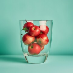 Big juice glass full of small red apples, pastel Blue background, studio photo, minimalistic concept, apple drink, cider, apple juice