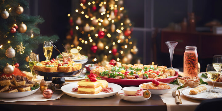 Lavish holiday feast spread across table, illuminated by Christmas tree lights. Variety of dishes celebrates festive spirit