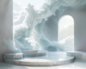 The image is a beautiful depiction of a marble podium with a soft, cloudy background