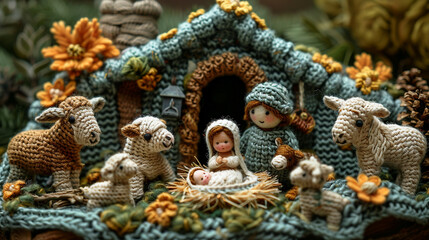 Obraz premium Knitted Nativity scene. Christmas. Virgin Mary with newborn Jesus Christ in a manger in a stable with animals.Christian religious illustration, background, banner