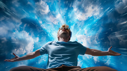 Man in a blue shirt stands with arms outstretched, looking upwards in awe, surrounded by a burst of light and clouds, symbolizing enlightenment or inspiration - Powered by Adobe