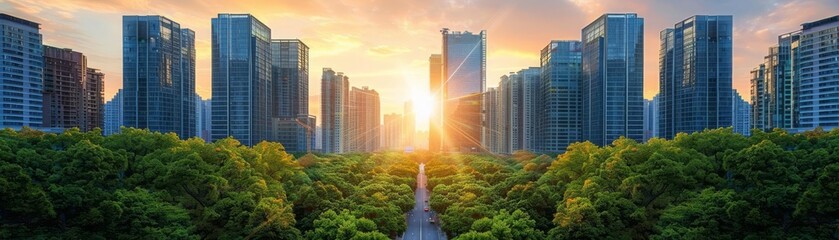 Sunlit urban oasis, modern skyscrapers flanked by verdant treelined boulevards, a blend of nature...