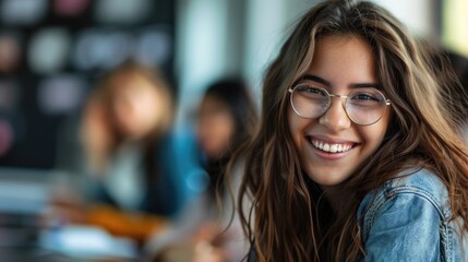 Happy student studies in university classroom classmates seen in the background