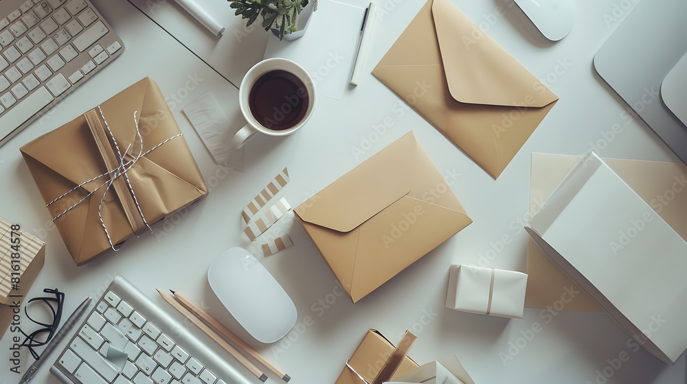 Leinwandbilder top view of office stationery and accessories computer keyboard gift boxes envelope and cup of latte