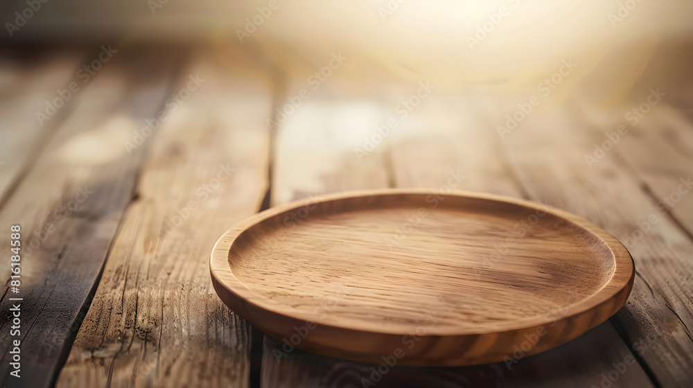 Poster empty wooden plate on wood table soft blurry background of free space for your copy and branding use