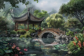 Tranquil traditional Chinese garden with a bridge, pavilion, and koi pond amidst misty mountains.