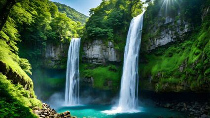 Mountain waterfall descent amid lush green forest