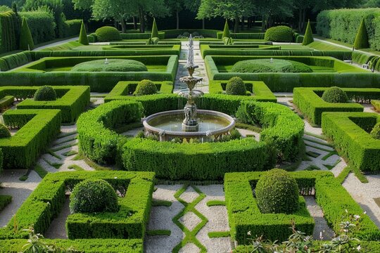 French Formal Garden - a garden with symmetrical patterns, geometrically shaped hedges, neatly trimmed bushes, and a central focal point like a fountain or a statue. 