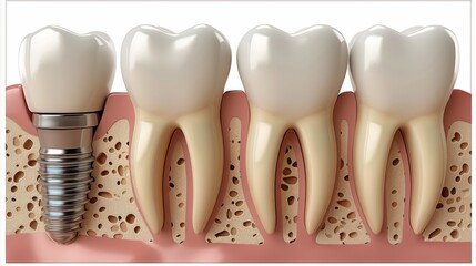 This image illustrates the insertion and integration of a dental implant among natural teeth