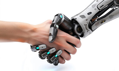 A human hand clasping a robotic hand in a firm handshake, set against a clean white background with dramatic lighting.