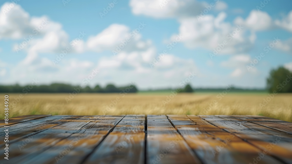 Poster the empty wooden brown table top with blur background of farmland and blue sky exuberant image : gen