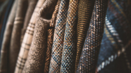 closeup of a collection of various scottish sweaters in a shop