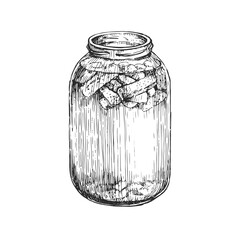 Vector hand-drawn illustration of homemade fermentation of kvass in a glass jar in the style of an engraving. A sketch with the stage of the drink preparation process.