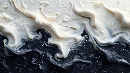 On a white background are swirls of black and white and beige cream textures