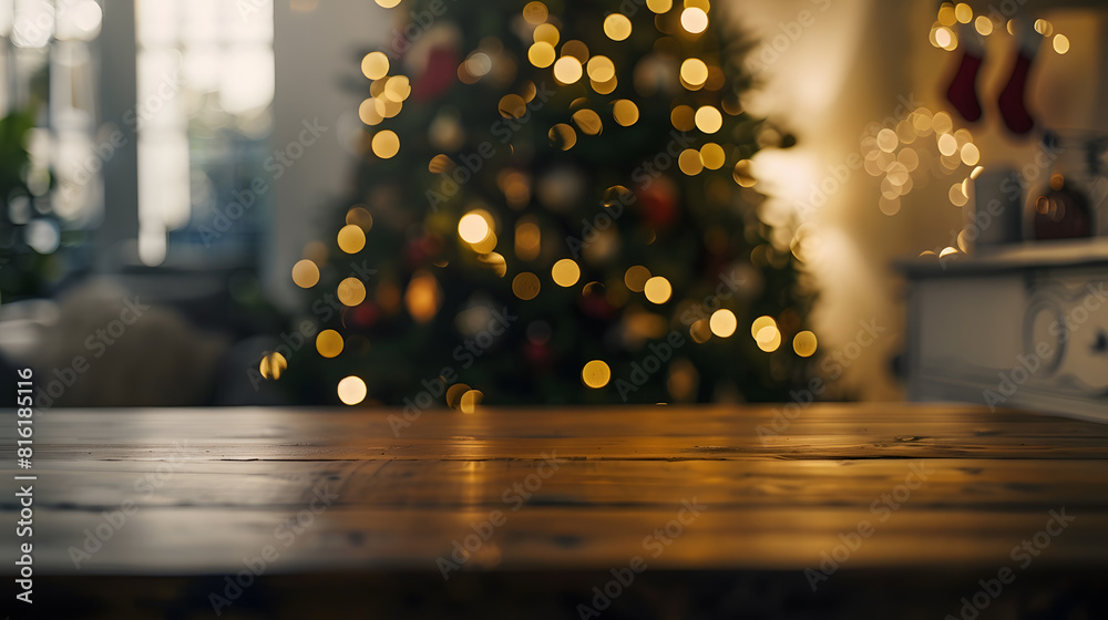 Poster Empty table in front of christmas tree with decoration background : Generative AI