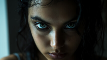 Fototapeta premium Woman with intense, piercing eyes, staring directly at the camera, creating a powerful and captivating image