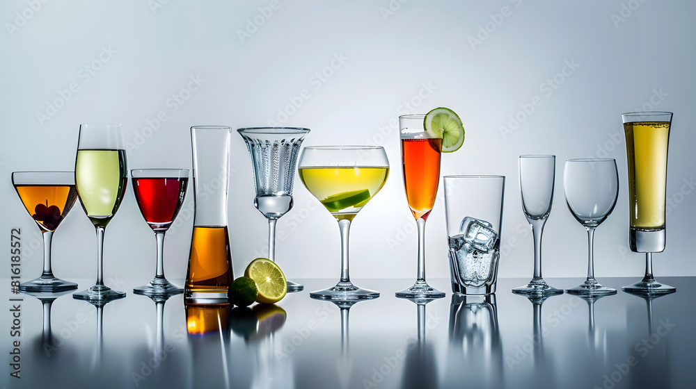 Poster collection of empty glasses for alcohol and soft drinks : generative ai