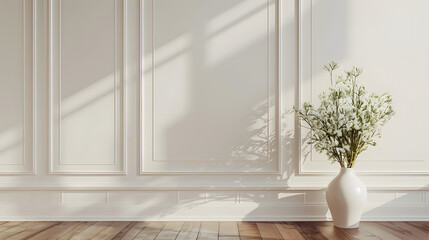 White classic wall background brown parquet floor home furniture detail frame and vase of plant : Generative AI