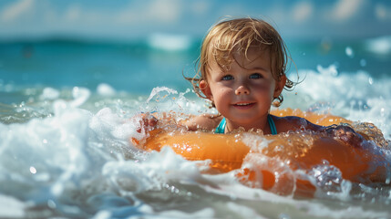 Portrait beautiful fun girl having fun in the sea on an yellow inflatable circle, Summer vacation