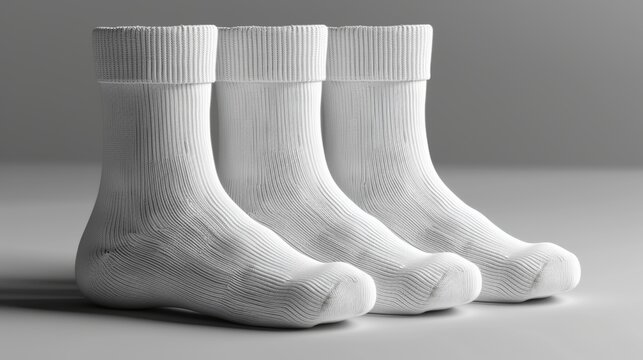 A pair of white cotton socks displayed side by side on a neutral background is ideal for retail and fashion concepts.