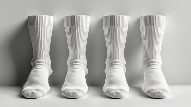 Placed on a neutral background, a set of four white cotton socks is ideal for clothing retailing.