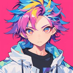 A cute anime boy with short hair, wearing a white jacket and black t-shirt, with a rainbow colored hairstyle, on a pink background, 