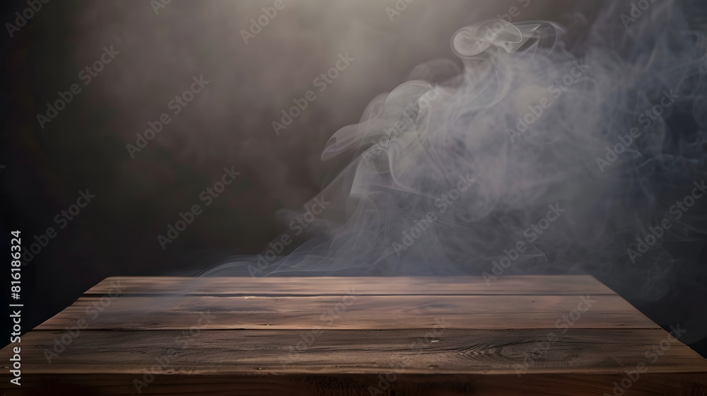 Poster empty wooden table with smoke float up on dark background Empty Space for display your products : Generative AI
