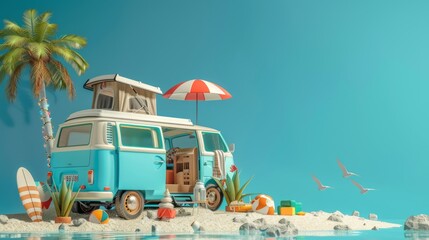 Summer vacation, travel holiday, van and beach accessories with blue background. 3d rendering