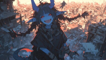 A cute blue female monster with two long braids and red eyes, wearing dark gray , laughing in the middle of an apocalyptic cityscape, surrounded by other monsters