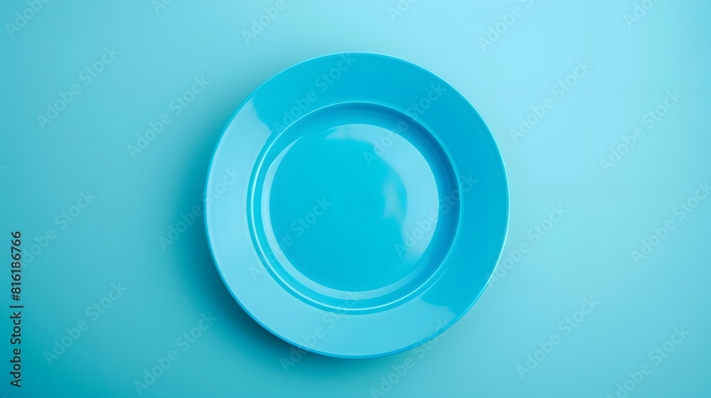 Aufkleber Top view of isolated of colored background empty round blue plate for food Empty dish with space for your design : Generative AI