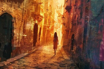 An ultra-calistic drawing of an unrecognizable, dreamy young multi-ethnic woman walking along the cobbled streets of a large city at dawn. Journey