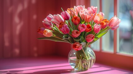 A bouquet of colorful tulips in a vase on a pink background