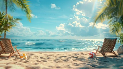 Inspirational summer tropical landscape with chairs on the sandy beach near the sea, banner