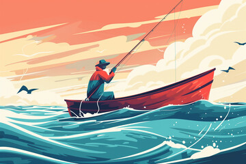 Fototapeta premium Man Fishing in a Boat