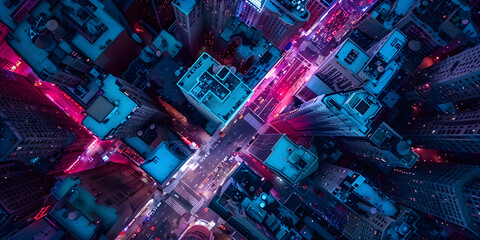 Silhueta urbana iluminada vista aérea da cidade moderna à noite