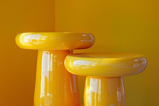 Two yellow stools in front of yellow background.