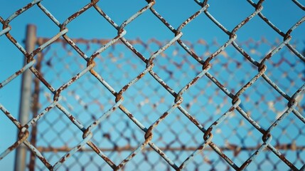 Fototapeta premium Damaged metal lattice barrier under the clear sky