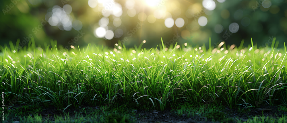 Poster a lush green field with a bright sun shining down on it. the grass is tall and the sky is clear, cre