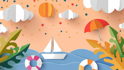 beach background with boat, summer background, paper illustration, vacation, sunny day